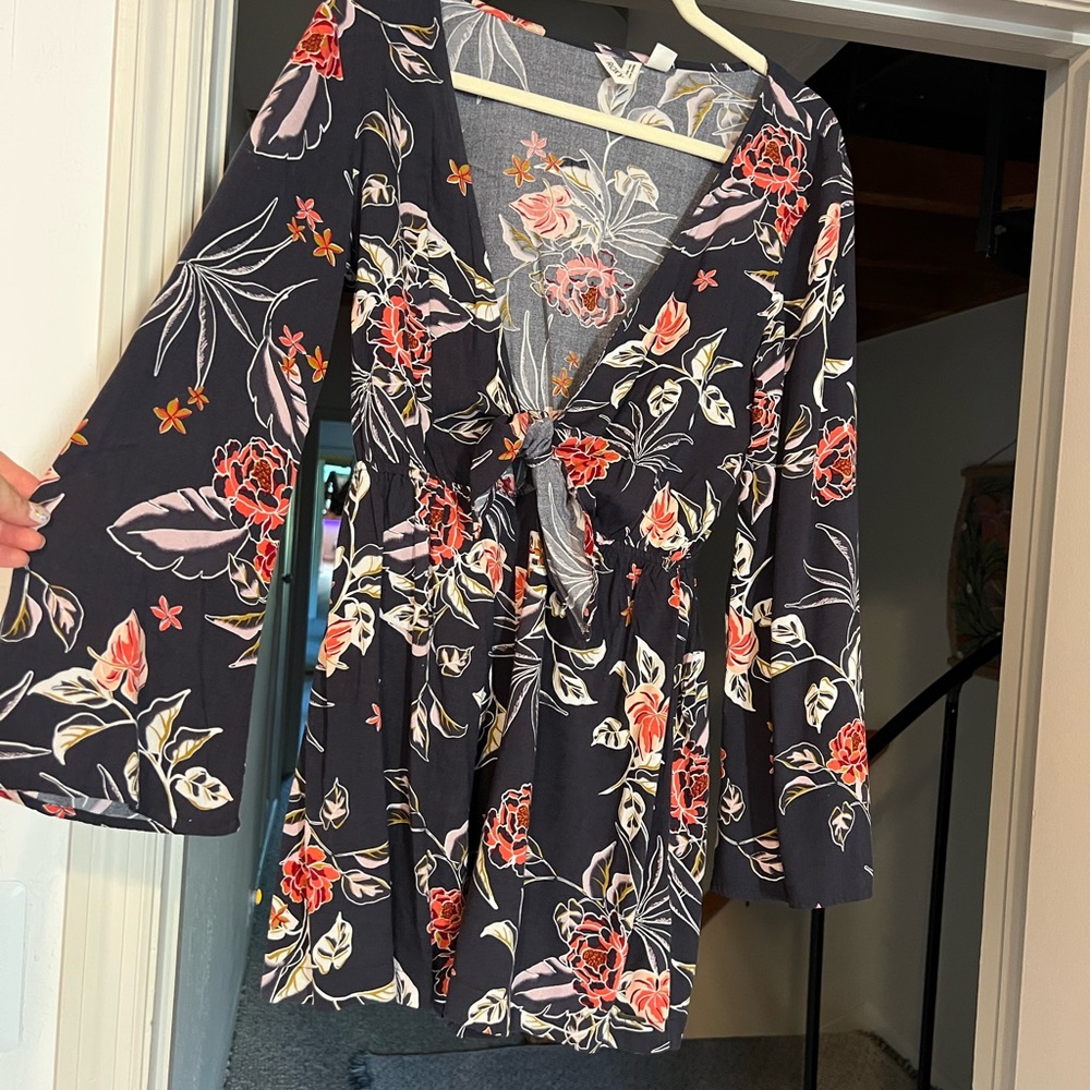 Roxy Navy Floral Jumpsuit with Pink and White Accents